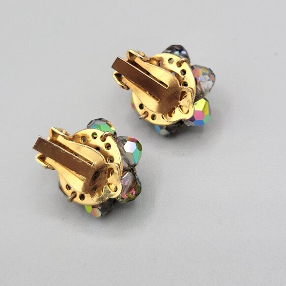 Colorful AB Aurora Borealis Beaded Small Clip On Earrings Gold Tone Vtg - Picture 4 of 6